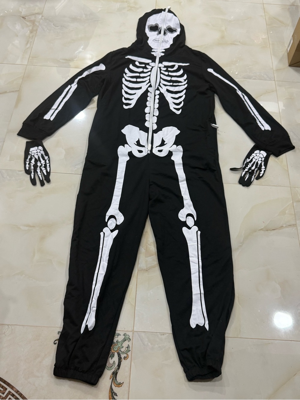 Black Skeleton One-Piece Costume with Hood and Gloves